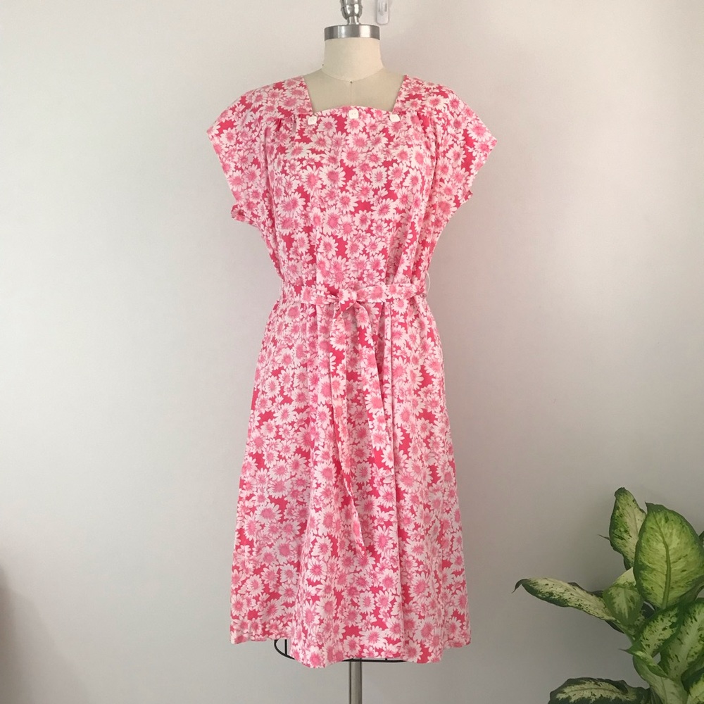 Vintage 70s Pink Floral Cottagecore Midi Dress